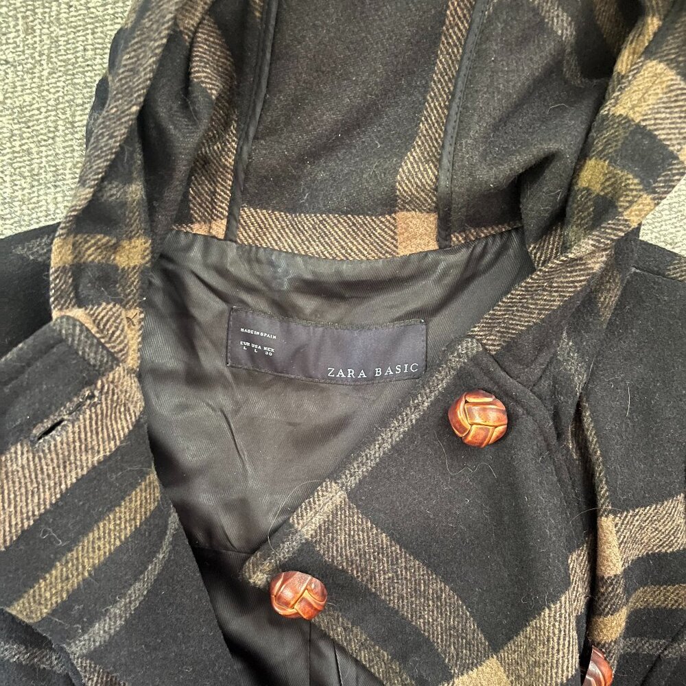 ZARA Hooded Navy & Brown Plaid Cape Coat